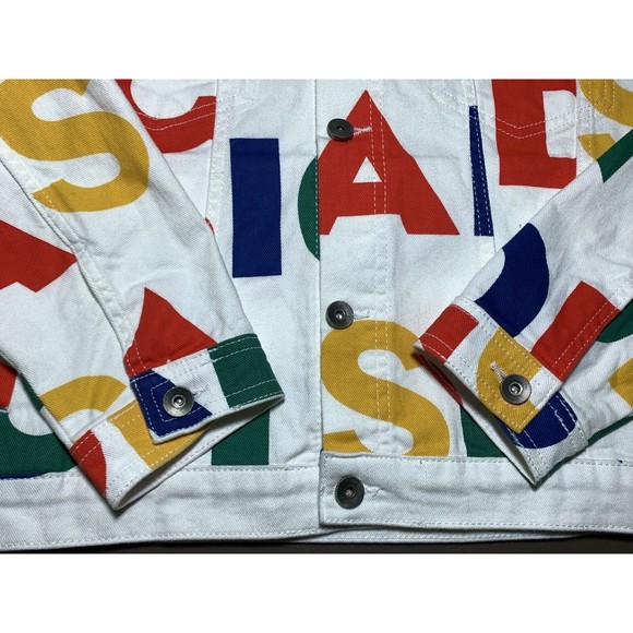 Desigual Multicolor Logo Print White Denim Jean Jacket L Graphic Button Front - Picture 6 of 16